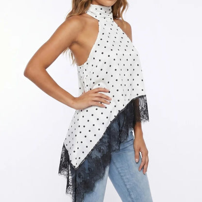 Women Y2k Mock Neck Halter Top Satin Lace Asymmetrical Hem Tank Tops Sleeveless Elegant Going Out Crop Tops
