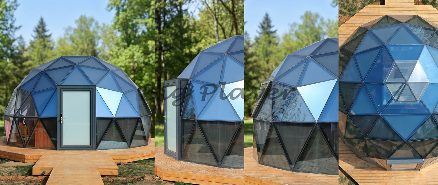 Hexagonal Tempered Glass Dome House, Geodesic Igloo Tent with Aluminum Frame, Luxury Outdoor Resort Round Camping Hotel Shelter