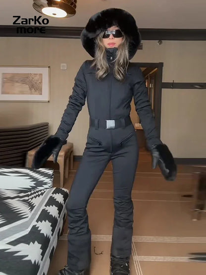 Fashion Hooded One-Piece Ski Jumpsuit Women Stand Collar Zipper High Waist Solid Windproof Outwear 2026 Winter Lady Skiwears New