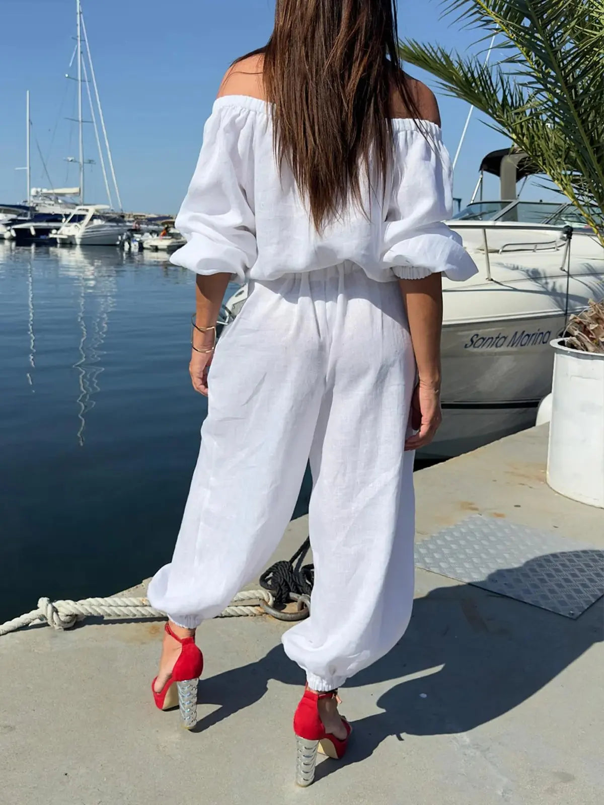 Solid Color Off Shoulder Jumpsuit, Casual Puff Sleeve Cinched Waist Jumpsuit For Spring & Fall, Women's Clothing