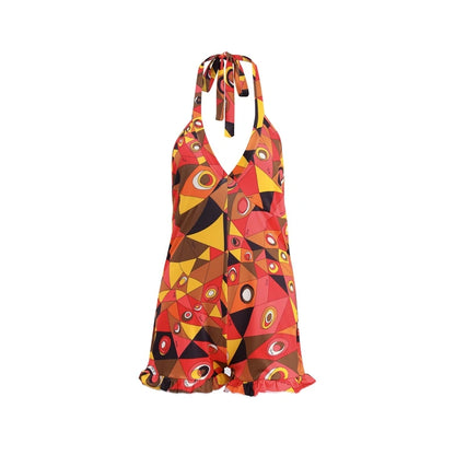 Colorful Print Backless Playsuit Women Sexy Halter Deep V-neck Sleeveless Ruffle Hem Jumpsuits Rompers Beach Holiday Bodysuits