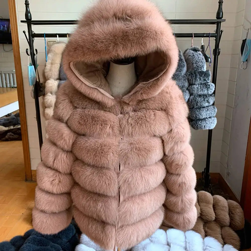 Fur Coat Women's Winter Coats Overcoat Female Fur Jackets For Women Long Sleeves Hood womans Real fur coats Real Fur Clothing
