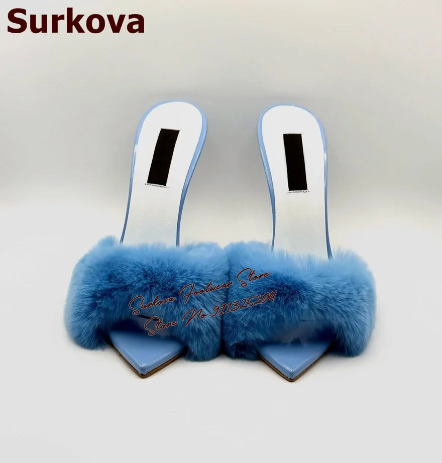 Surkova Sky Blue Black Luxury Fur Embellished Sandals Suede Thin High Heel Slippers Steel Tip Toe Slip-on Evening Shoes Size46
