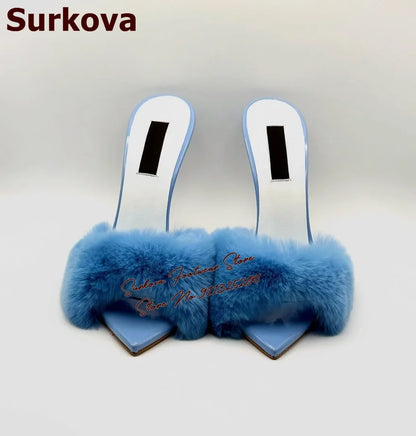 Surkova Sky Blue Black Luxury Fur Embellished Sandals Suede Thin High Heel Slippers Steel Tip Toe Slip-on Evening Shoes Size46
