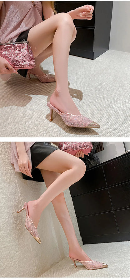 Luxury Rhinestones Mesh Lace Women Pumps Sandals Summer Elegant Pointed Toe 8cm Thin High Heels Mulse Sides  Fashion Party Shoes
