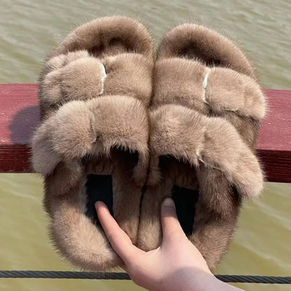 Luxury Designer Slipper Women 2025 Winter European Fashion Women's Shoes Ladies Slippers 100% Mink Slippers Shoes for Woman