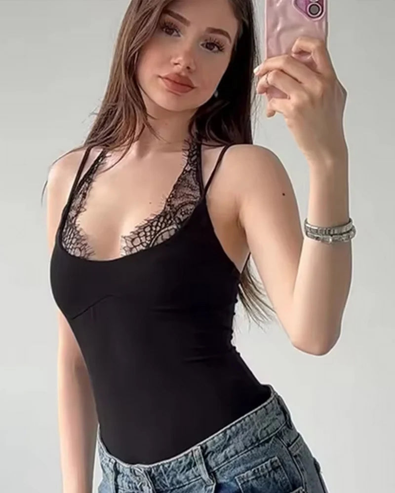 Women's Bodysuit 2026 New Fashion Summer Black Spliced Lace Bodysuit for Women Elegant Chic Personality Spaghetti Strap Bodysuit