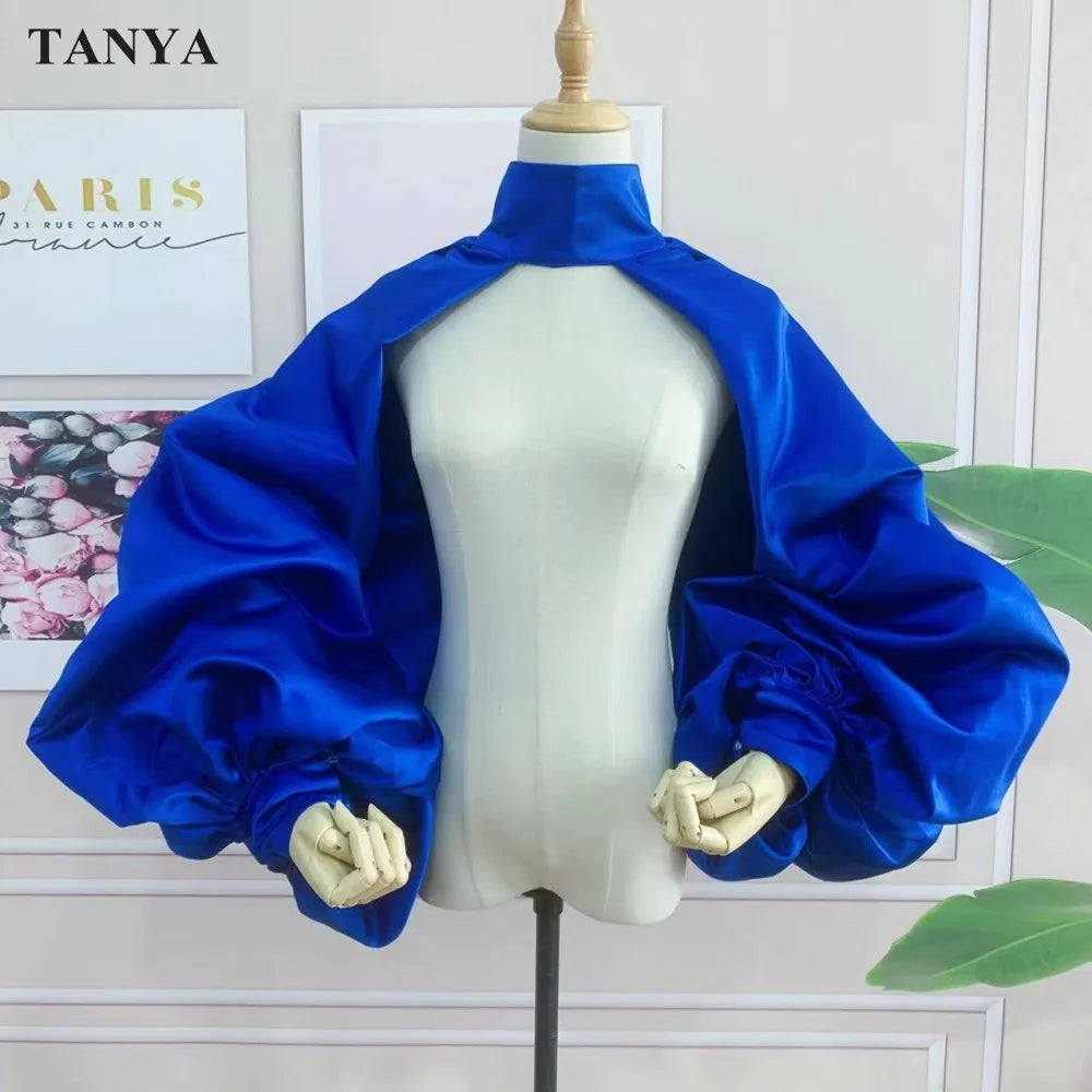 Puffy Sleeves Satin Bolero Topper Blouse Cover Arms Fashion Green Jacket Cloak Short Shawl High Neck With Buttons Customize