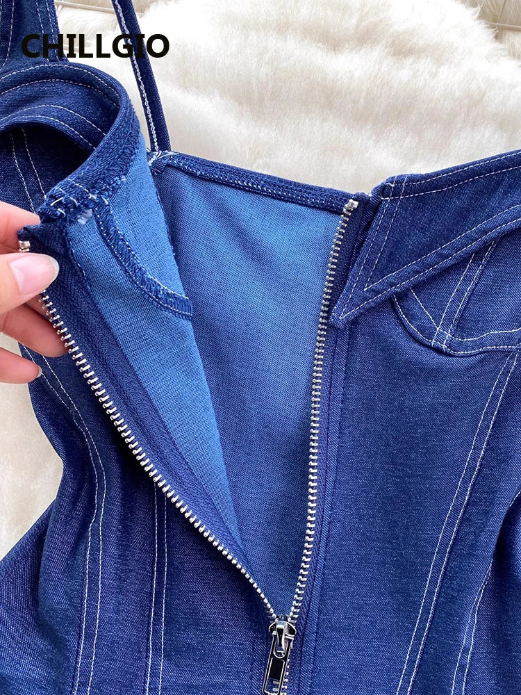 CHILLGIO Women Denim Overalls Fashion Slim Bodysuits One Piece Combination Onesie Zipper Strappy Rompers Summer Sexy Catsuits