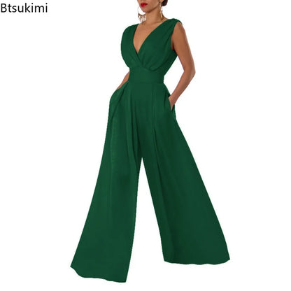 2026 Women's Elegant Jumpsuits Summer Sexy Deep V Slim High Waist Jumpsuits Fashion Sleeveless Wide Leg Rompers Female Overalls