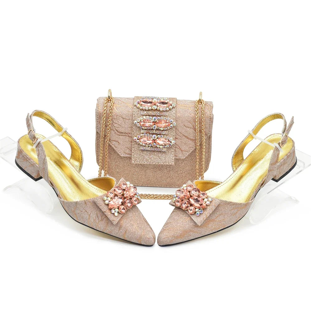 Designer Shoe and Bag Sets From Italy Luxury Rhinestone African Women Shoes and Bags Italy Low Heels Pointed Toe Woman Pumps