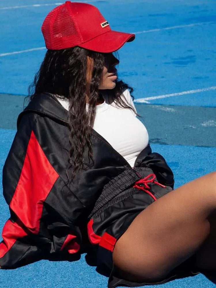 Lady'snavy Chevron Stripe Windbreaker Tracksuit Zip Cropped Jacket Contrast Trim Shorts 2026 Casual Sport Daily Jogging Street