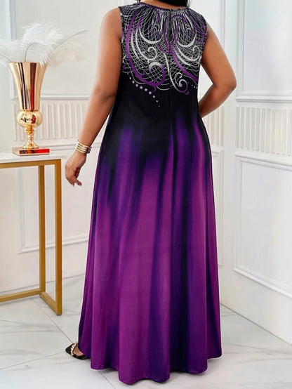 Plus Size Teal Blue Gradient Print Maxi Dress Summer Casual Round Neck Sleeveless Loose Long Sundress With Pocket