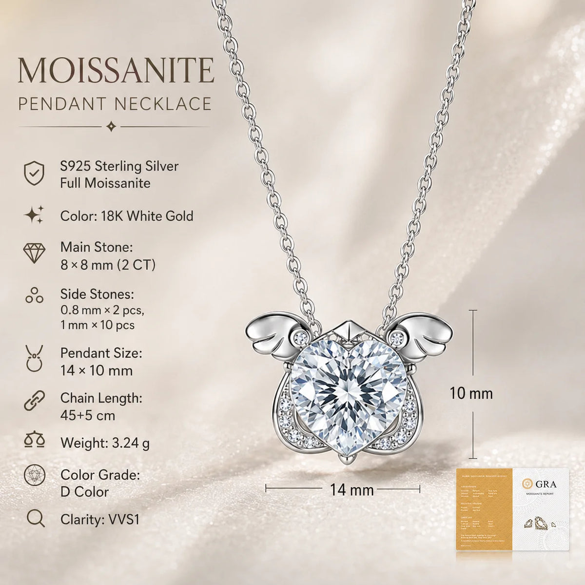 Moissanite Necklace 2CT Heart Stone S925 Sterling Silver Wing Pendant 45+5cm Chain for Women GRA Certified Moissanite