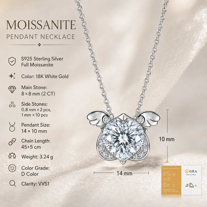 Moissanite Necklace 2CT Heart Stone S925 Sterling Silver Wing Pendant 45+5cm Chain for Women GRA Certified Moissanite