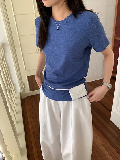 RZIV Summer women's casual solid color round neck short sleeved T-shirt