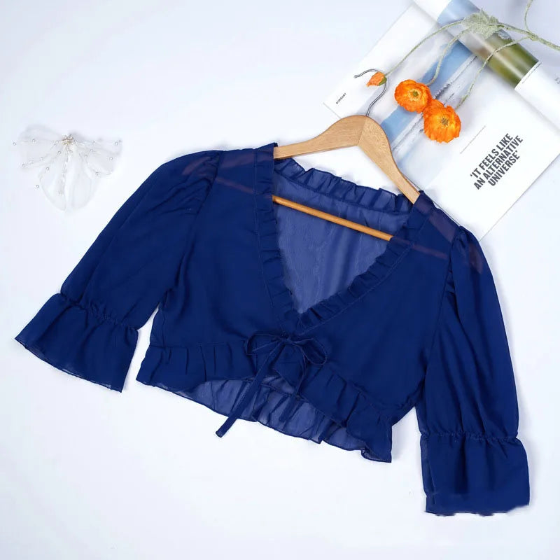 Spring, Summer, and Autumn Chiffon Lace Up Shirt, Shawl, Camisole, Thin Design, Sexy Solid Color, Loose Fit, Sweet Matching, Wed