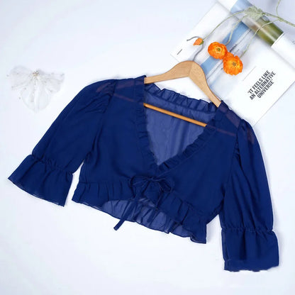 Spring, Summer, and Autumn Chiffon Lace Up Shirt, Shawl, Camisole, Thin Design, Sexy Solid Color, Loose Fit, Sweet Matching, Wed