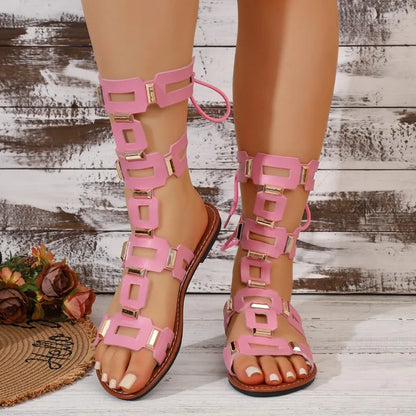 2026 Summer Luxury Round Toe PU Women's Sandals Fashionable Flat Casual Beach Shoes Stylish Metallic Decoration Women's Sandals