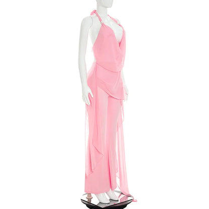 Sexy Chiffon Jumpsuits Women Backless Halter Club Party Summer Rompers Bodycon Fashion Sleeveless V Neck Overalls Beach Vacation