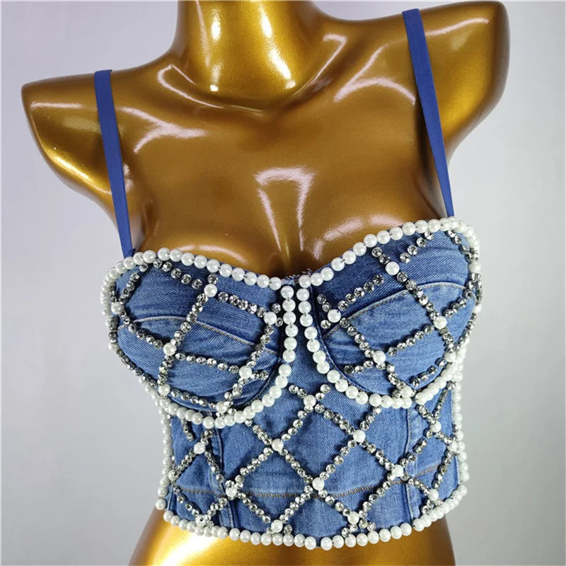 Quality Pearl Tank Tops Rhinestone Women Crop Top Club Clothes Streetwear Y2K Corset Woman Shaper Camis Fashion Feamale Clothing