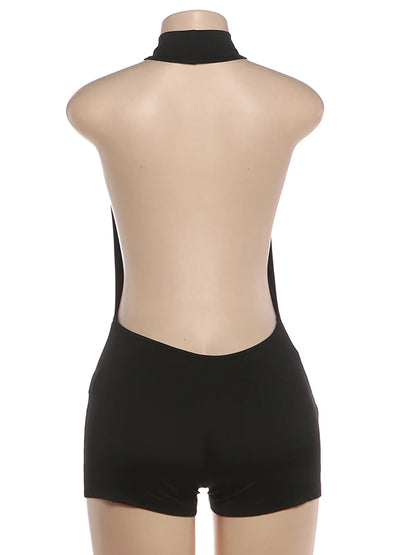 Whatiwear Playsuits Women Backless Turtleneck Sleeveless Solid Skinny Sexy Midnight Simple Classic Party Hottie Streetwear