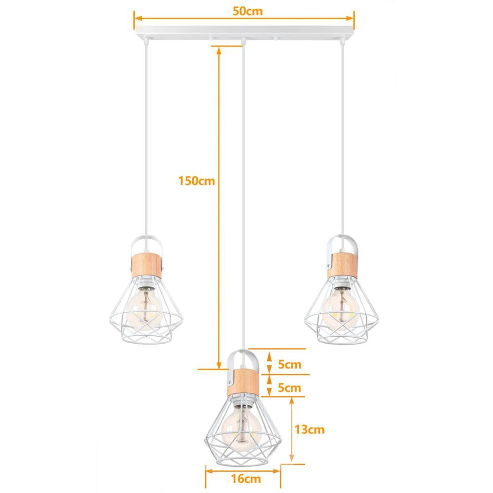 3 Heads Vintage Pendant Lights Wood Hanging Lamp Chandelier Industrial for Loft Dinning Living Room Kitchen Lighting Fixture LED