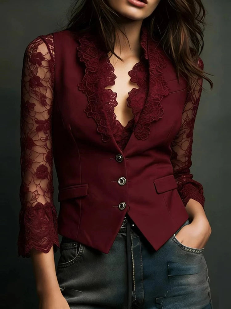 Elegant Sexy V Neck Lace Patchwork Women's Shirt Top See Through Long Sleeve Trendy Hollow out Single Button Slim Tops Blazer