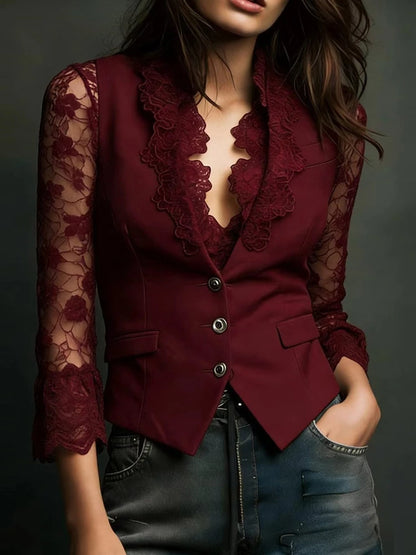 Elegant Sexy V Neck Lace Patchwork Women's Shirt Top See Through Long Sleeve Trendy Hollow out Single Button Slim Tops Blazer