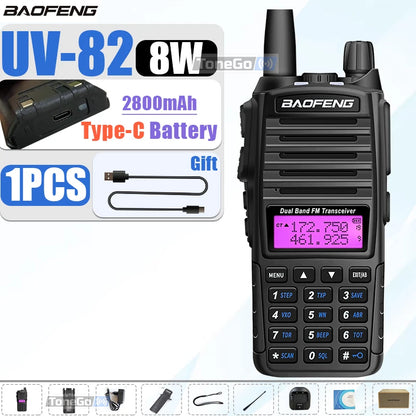 1/2Pcs Baofeng UV-82 Walkie Talkie 5/8W Tri-Power FM Radio Type-C Charger Dual PTT Dual Band VHF/UHF Two Way Camouflage For Hunt