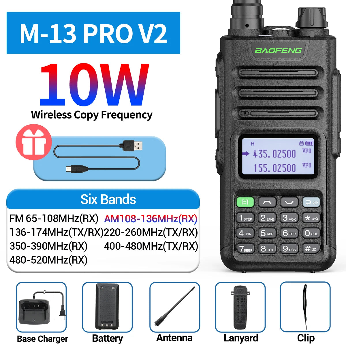 Baofeng M-13 Pro V2 Air Band Walkie Talkie Long Range Wireless Copy Frequency Multi Band NOAA Type-C AM Two Way Radio