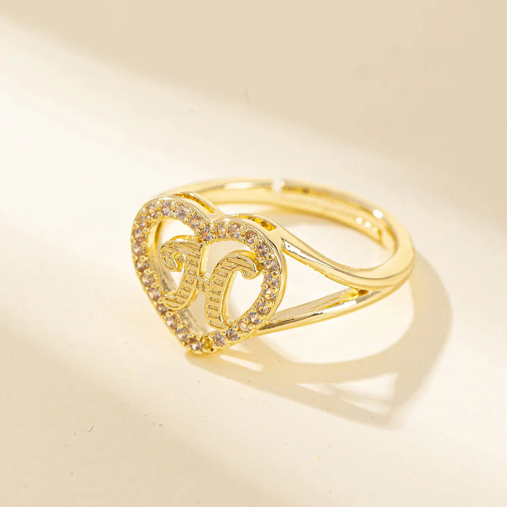 White Zircon 26 Letters A-Z Love Heart Open Adjustable Rings For Women Gold Silver Color Wedding Band Jewelry Mother's Day Gifts