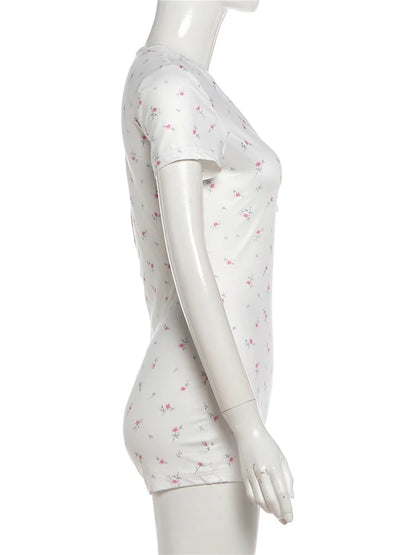 Weird Puss Floral Print Playsuit Women Casuals Simple Lace Patchwork Single-Breasted V-Neck Trend Chic Skinny Sporty Streetwear