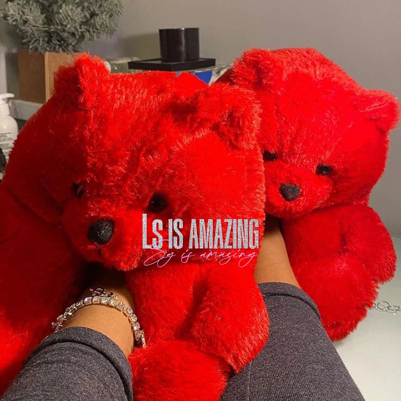 Cute Teddy Bear Plush Winter Slippers, Wrapped Heel Funny Indoor Floor Shoes, Women Gift, Warm Soft Cartoon Fluffy Animal Slippe