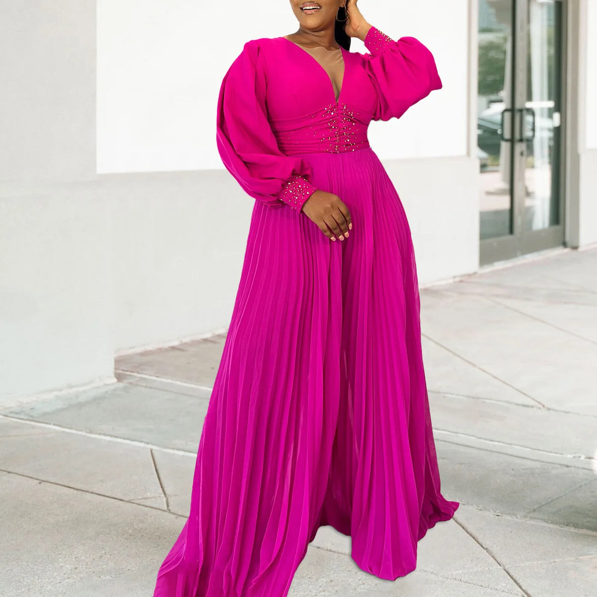 CM.YAYA Women Diamonds Long Sleeve Pleated V-neck Wide Leg Long Jumpsuits Party Beach Fashion Street Sexy Africa Outfit Rompers