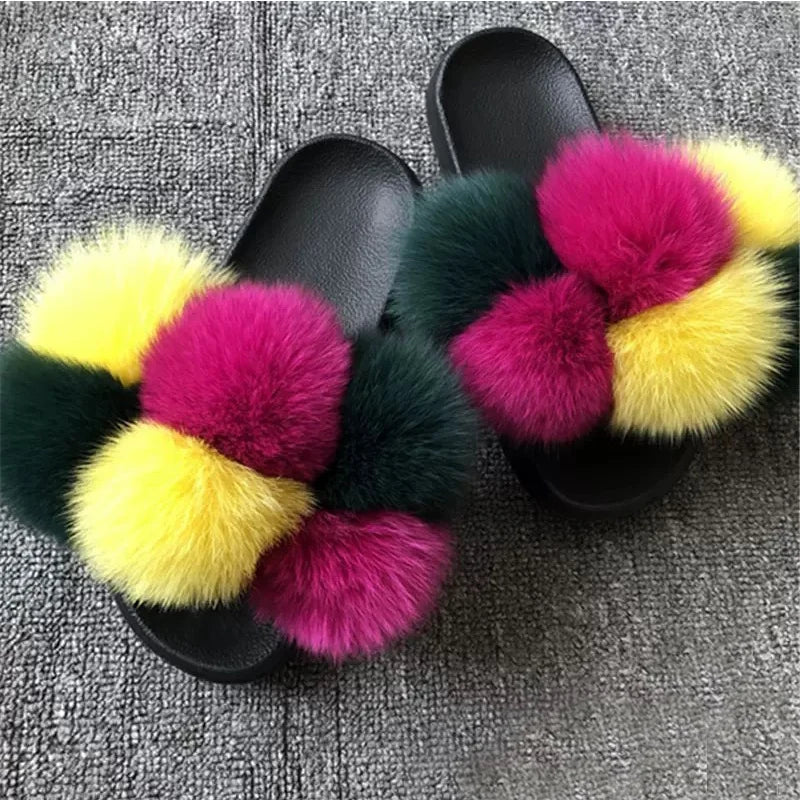 Natural Fox Fur Slippers, Fashionable Outdoor Multi-Color Animal Hair Slippers, Women's Gifts, Soft EVA Sole Slippers, On Trend