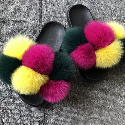 Natural Fox Fur Slippers, Fashionable Outdoor Multi-Color Animal Hair Slippers, Women's Gifts, Soft EVA Sole Slippers, On Trend