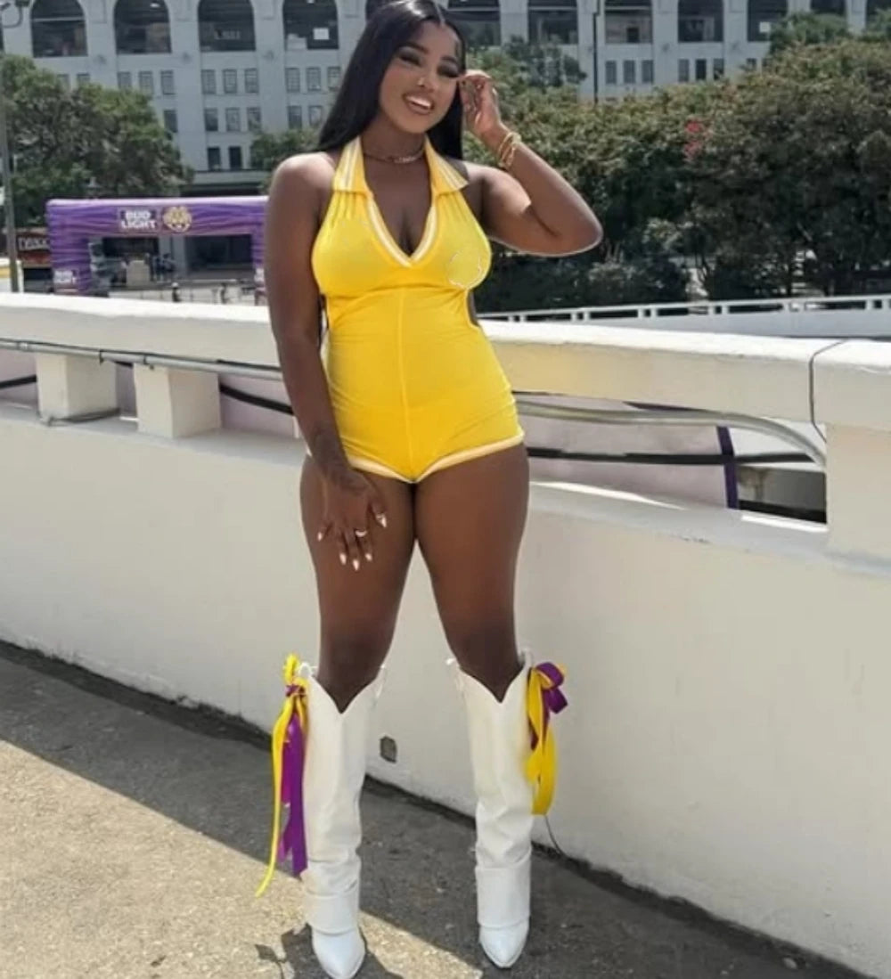 HLJ&GG Summer New Stripe Halter Lapel One Piece Rompers Women Sleeveless Backless Bodycon Jumpsuits Sexy Stretchy Overalls 2025