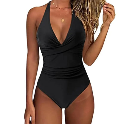 2026 New Wrinkled Halter V Neck One Piece Swimsuit Women Swimwear Female Monokini Backless Bathing Suit Swim Beachwear Bodysuit