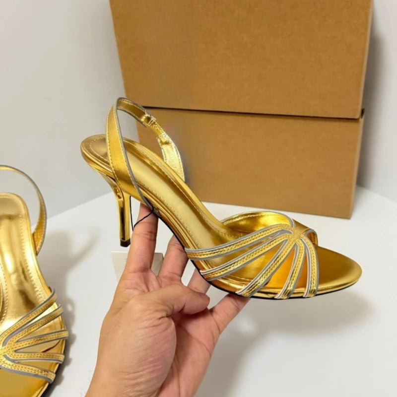 Luxury Gold High Heeled Sandals Women Summer Open Toe Hollow Ankle Strap High Heels for Ladies Elegant Wedding Bridal Shoes
