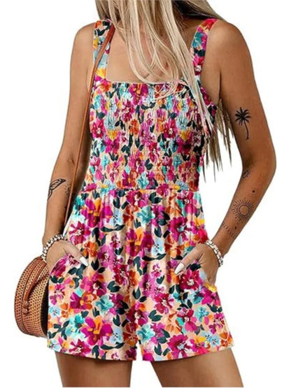 Femmes Print Jumpsuit Fashion Boho Beach Party Jumpsuits Lady Casual Sleeveless Pockets High Waist Shorts Jumpsuits Summer New