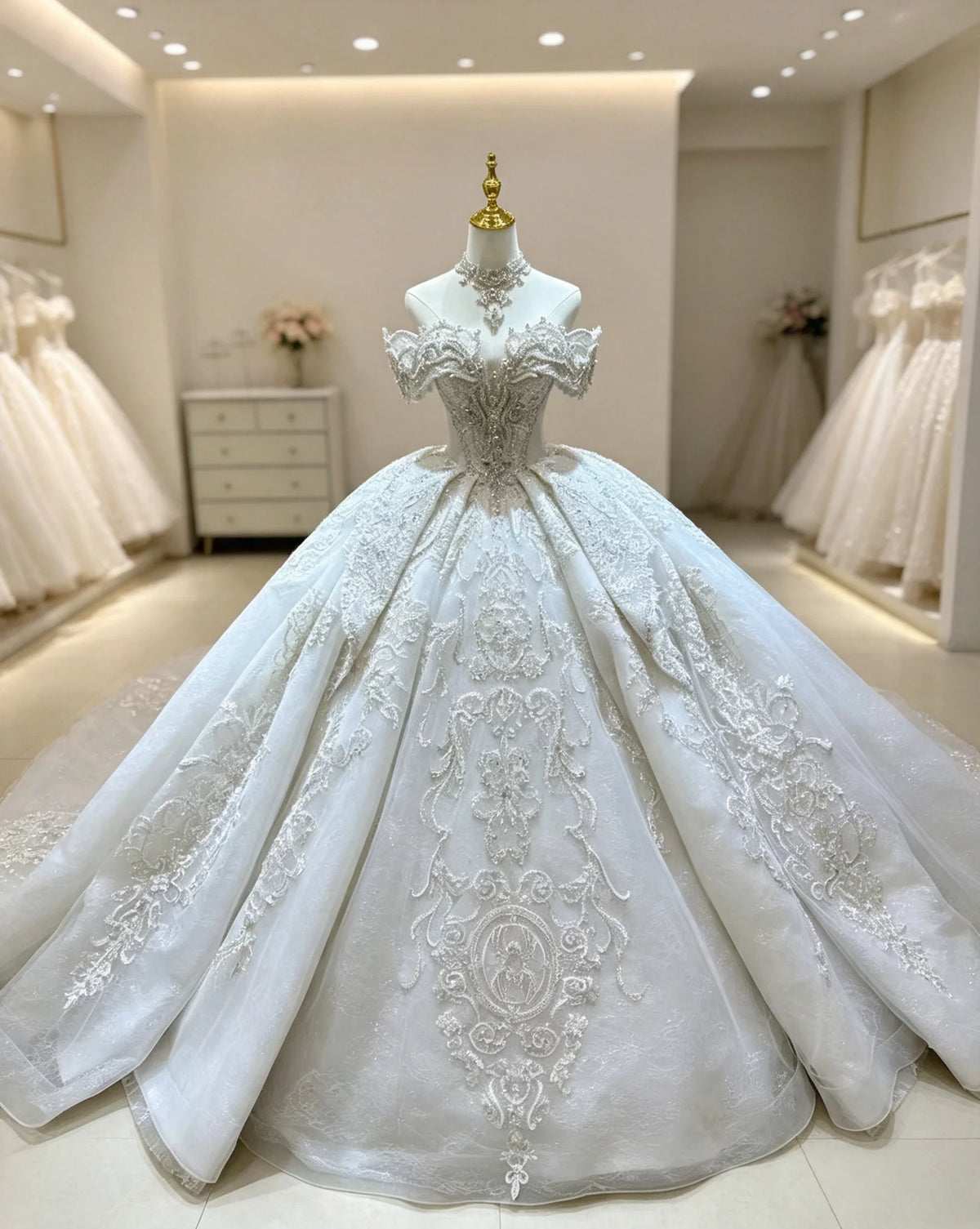 Luxury Off Shoulder Wedding Dress For Bride Heavy Beaded Rhinestone Bridal Gown High Neck Decor Cathedral Train Lace‑Up Custom