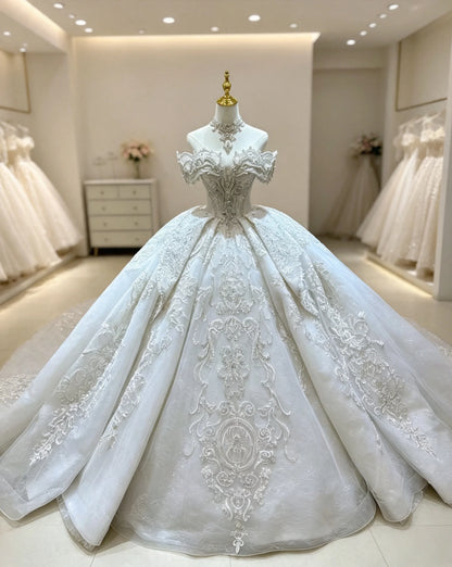 Luxury Off Shoulder Wedding Dress For Bride Heavy Beaded Rhinestone Bridal Gown High Neck Decor Cathedral Train Lace‑Up Custom