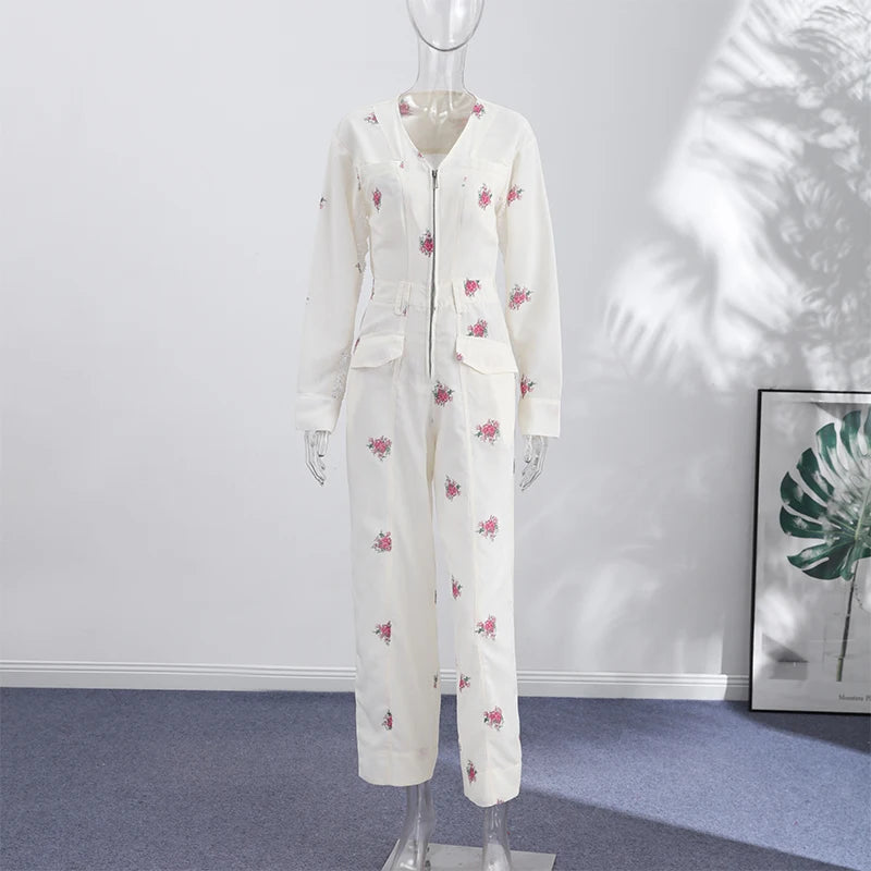 Elegant Print Women Jumpsuits Fashion Long Sleeve V-neck Zippers Female Overalls 2026 Summer Autumn All-match Lady Outfit New