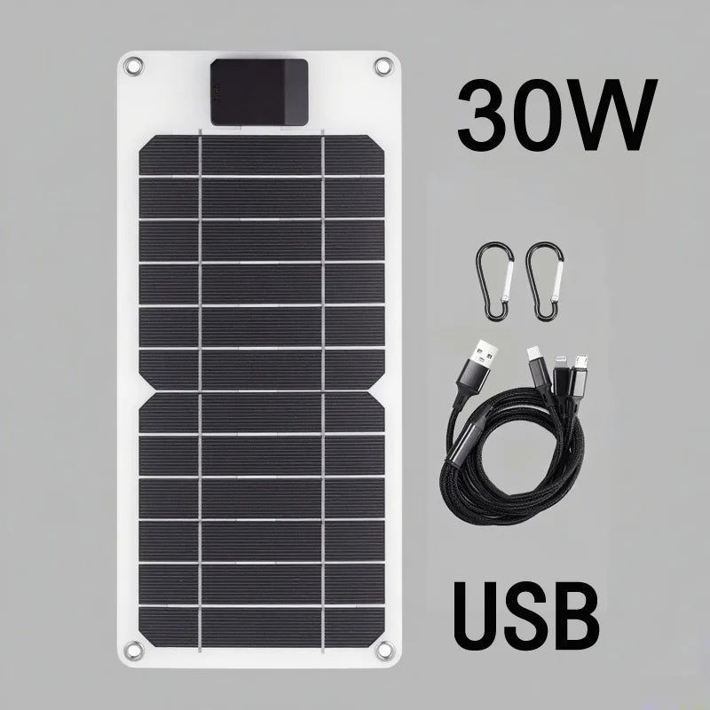 30W Portable Solar Panel USB Foldable Solar Charger Outdoor Battery Power Bank for Camping Hiking Travel Phone Charging 5V