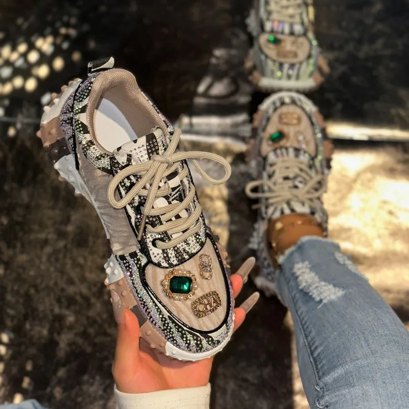 Fashion Casual Shoes Rhinestone Shoes Women Luxury Sneakser Diamond Breathable  Designers Casual Platform Non Slip Running Shoes