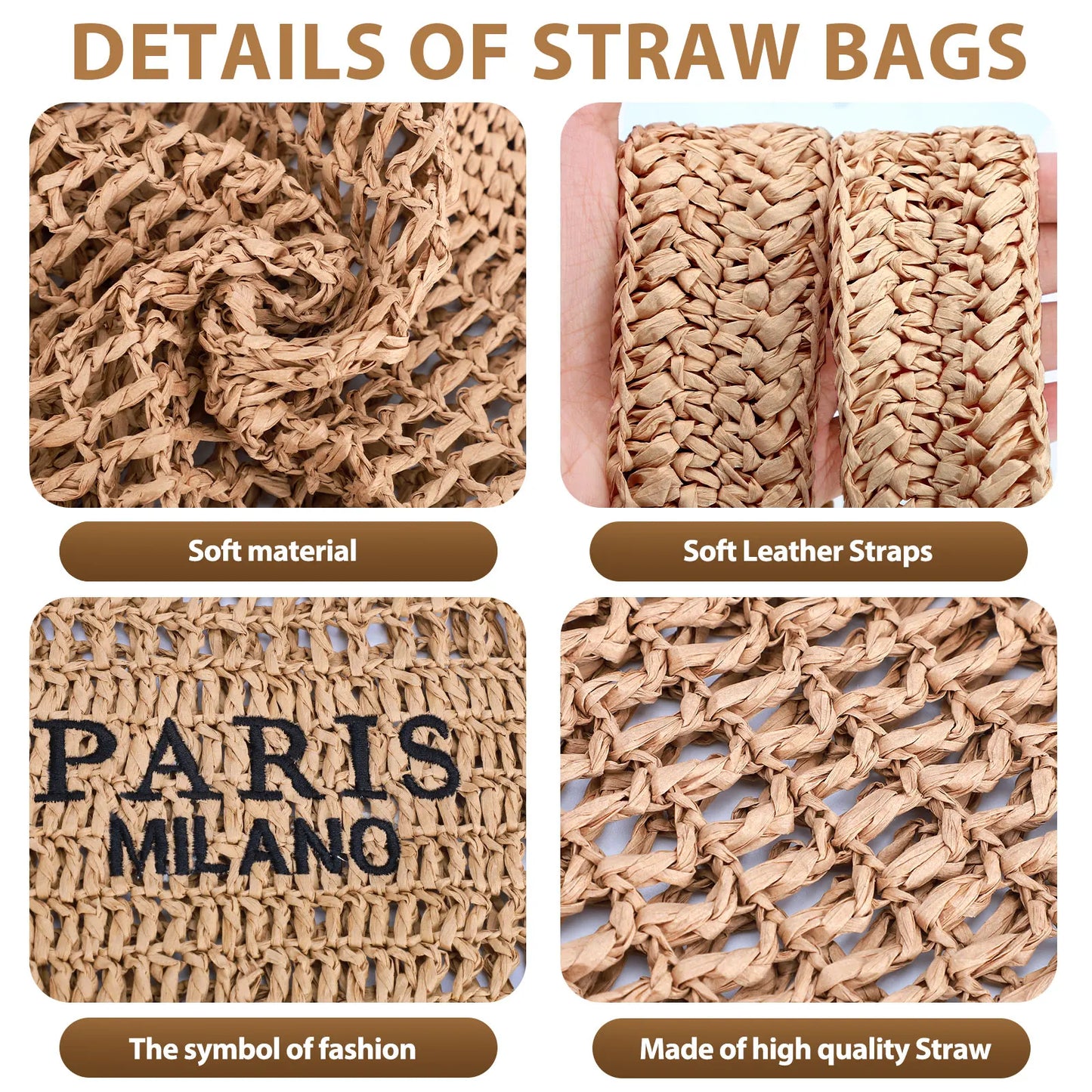 Straw Beach Bags for Women - Women Beach Handmade Woven Tote Bag, Summer Mesh Hollow Shoulder Bag for Holiday