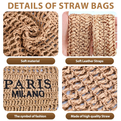 Straw Beach Bags for Women - Women Beach Handmade Woven Tote Bag, Summer Mesh Hollow Shoulder Bag for Holiday