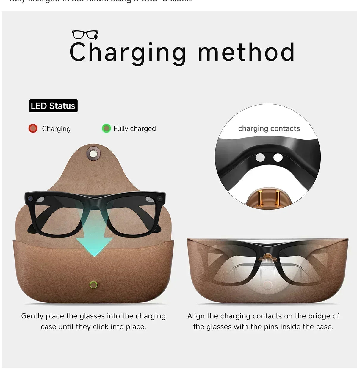 2026 Smart Glasses Genuine Leather 8MP HD Lens 2000Mah Charging Case BT Call 3D Music AI Voice Wake-up AI Translation