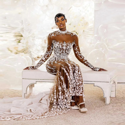 Lace African Wedding Dresses Black Girls Mermaid Long Sleeves Tulle Aso Ebi Women Muslim Bridal Gowns Saudi Arabia Customized
